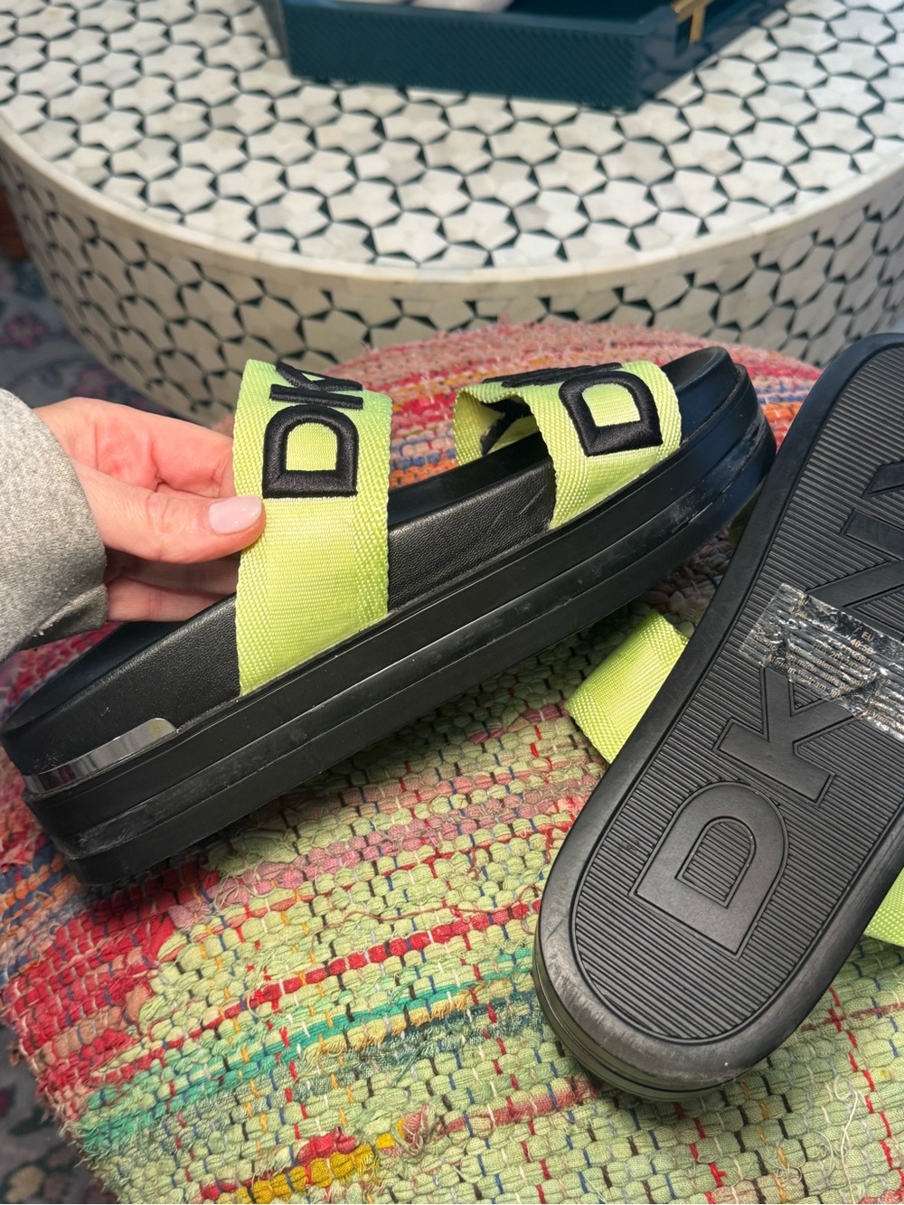 DKNY Black Slide Sandals with Neon Yellow Logo Straps Platform Logo Heeled - Picture 6 of 6